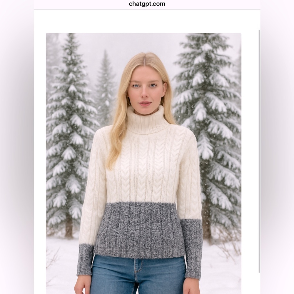 Splendid color block cotton turtleneck sweater ivory gray cable knit fisherman L